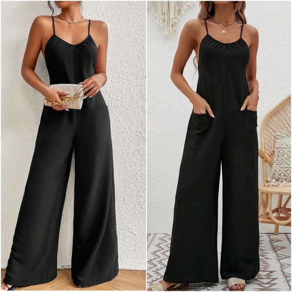 Pre-Order Blue Deep V Pleated Crisscross Wide Leg Backless Jumpsuit